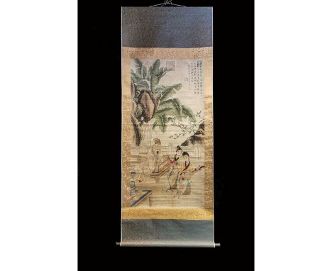 A nice example of Chinese traditional painting featuring two ladies attendants playing the flute and the pipa, entertaining a