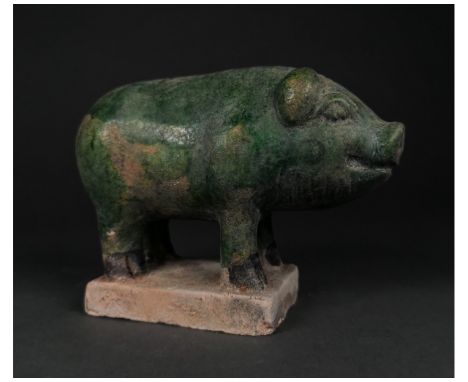 Ca. 1368-1644 AD. Chinese Ming Dynasty glazed terracotta figure of a pig; presented standing on a rectangular base; well pres