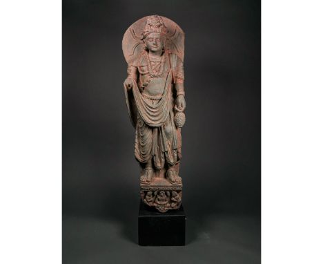 Ca.300 AD. Important grey schist statue of bodhisatva; Old Region of Gandhara; He is represented standing in a light tribhang