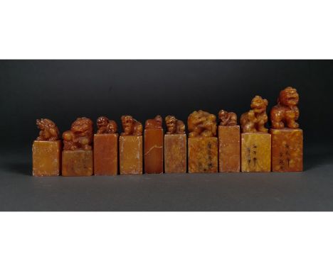 Ca.20th C AD or earlier / Qing style. A fantastic collection of ten Shoushan stone seals; carved with various Chinese mythica