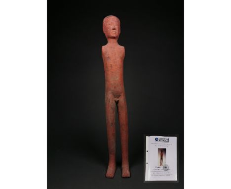 Ca. 206 BCE to 220 CE; East Asia, China, Han Dynasty. A large, ceramic standing warrior figure with no arms and a well-sculpt