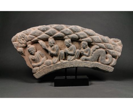 Ca.400-500 AD. An exceptional Gandhara schist panel of a much larger Arch; depicting seated Buddha in a meditation position s