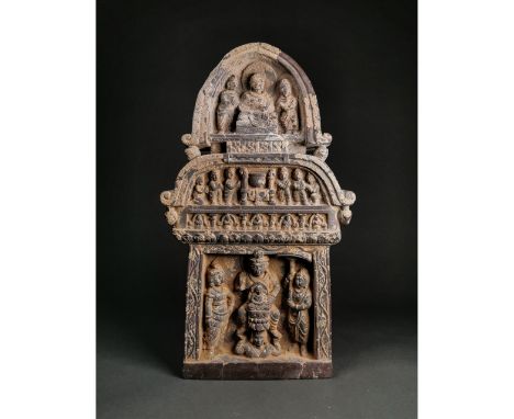 Ca.500-600 AD. An extremely rare Gandharan panel / shrine stela; made of Phyllitic schist. The upper panel shows the Buddha's