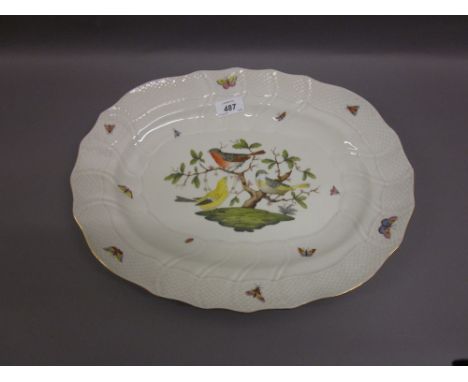Herend oval porcelain meat plate painted with birds and butterflies