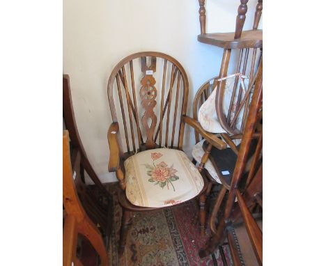 Set of five (four plus one) wheel and stick back dining chairs, an oak tub shaped chair with a cane back and a bentwood chair