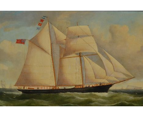 W.B. Spencer, oil on canvas, portrait of the Tankerton Tower under sail off a coastline, chalk cliffs and a harbour in the di