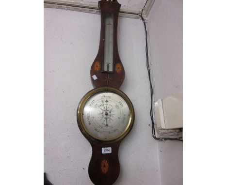 19th Century mahogany and inlaid banjo shaped wheel barometer with silvered dials
