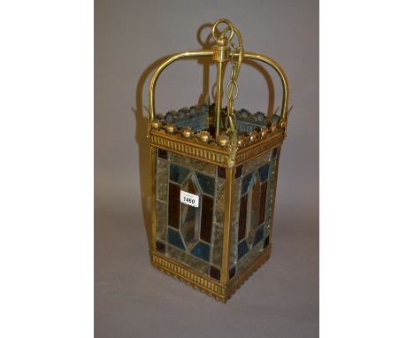 Victorian brass coloured and leaded glass hall lantern