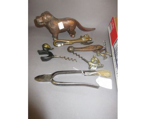 Pair of 19th Century steel Champagne wire cutters with integral brush together with three corkscrews, two bottle openers and 
