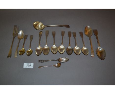 George III silver sugar caster spoon, together with a quantity of various 19th Century silver flatware