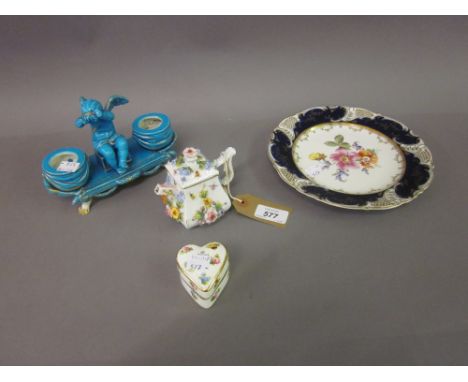 Small 19th Century German insect painted and floral encrusted teapot, together with a Minton's heart shaped trinket box (a/f)