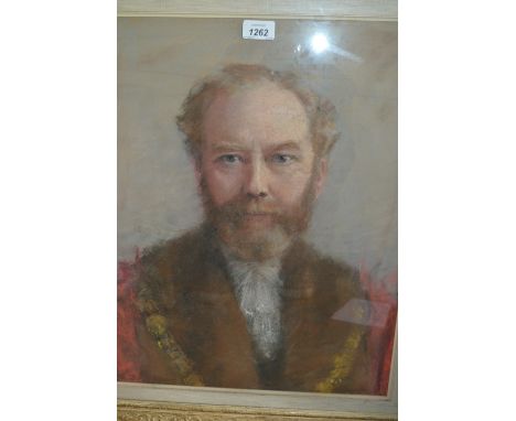 Pastel drawing, head and shoulder portrait of a gentleman wearing a Mayoral chain of office, signed with initials F.S., 20ins