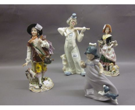 Pair of Continental porcelain figures, a shepherd and a shepherdess, together with a Nao figure of a girl and a Spanish figur