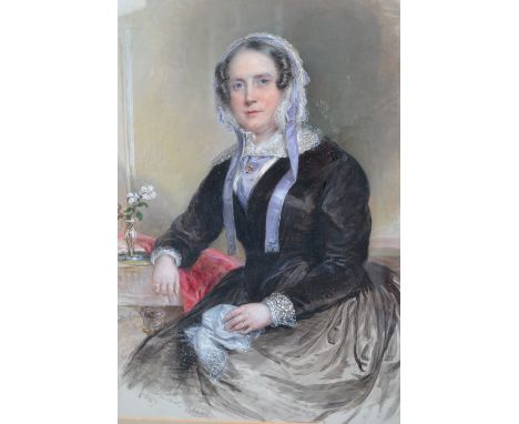 Thomas Richmond, watercolour, portrait of a seated Victorian lady wearing a lace bonnet, signed Thomas Richmond and dated 184