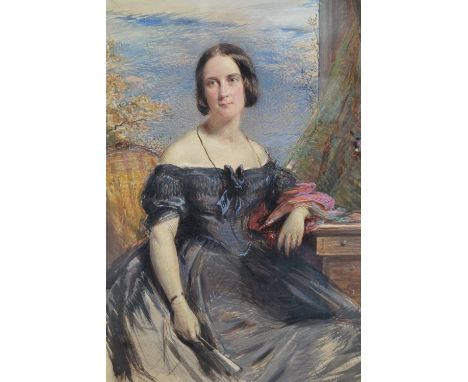 Attributed to George Richmond, watercolour, portrait of Mrs Walbank Childers, seated before a window, 20ins x 14.5ins, unsign