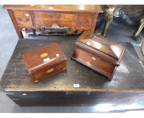 Victorian rosewood sarcophagus shaped three division tea caddy together with a mahogany and inlaid work box