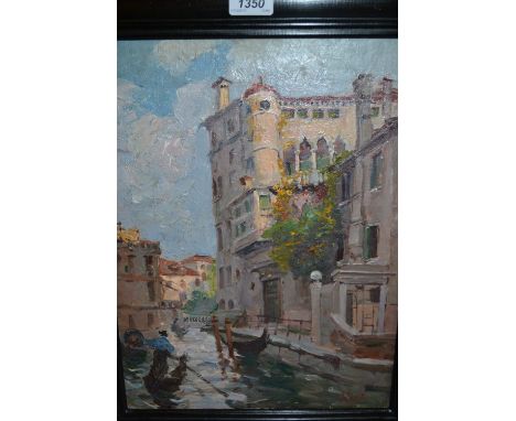 R. Rossi, oil on canvas, a Venice backwater with gondola, 15.5ins x 11.5ins, signed