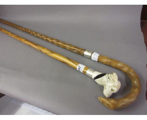 Birmingham silver mounted dogs head walking cane and a briar wood walking stick