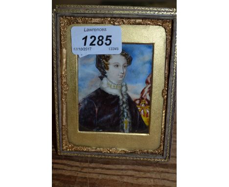 19th Century rectangular watercolour, miniature portrait of a lady, housed in a leather folding frame