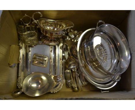 Quantity of various silver plated items to include: two entrée dishes, flatware and a condiment set
