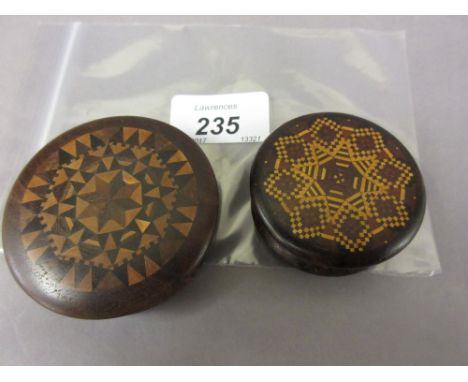 Two 19th Century Tunbridge ware circular trinket boxes with screw on covers