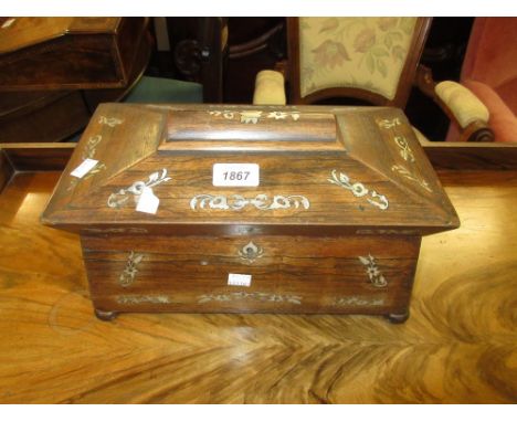 William IV rosewood mother of pearl inlaid sarcophagus shaped tea caddy