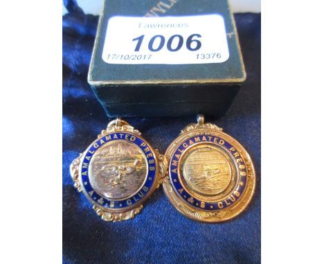 Two 9ct yellow gold and enamel swimming medals