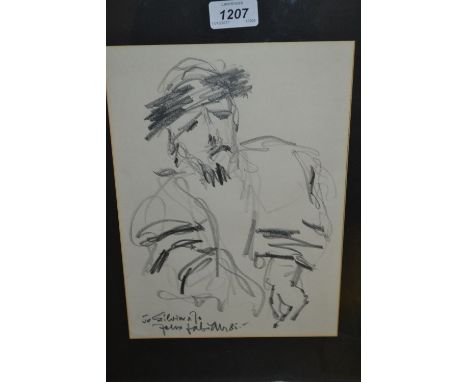 Felix Fabian, signed graphite drawing, portrait of a gentleman, together with an unframed oil of horse and guardsmen, attribu