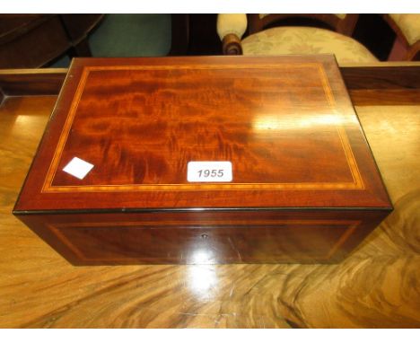 Mahogany crossbanded and inlaid work box with fitted interior and a 19th Century rosewood dome topped three division tea cadd