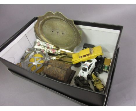 Two Automobile Association car badges, small 19th Century iron money box in the form of a cabin, small quantity of diecast me
