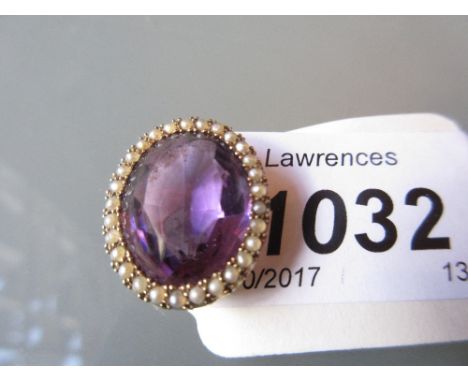 19th Century oval gold mounted amethyst and seed pearl brooch