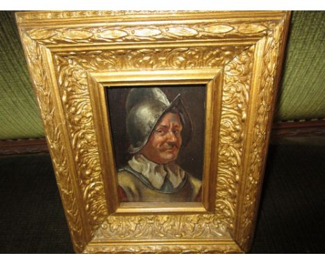 Small 19th Century oil painting on oak panel, portrait of a 17th Century soldier wearing a steel helmet, 5ins x 3.5ins