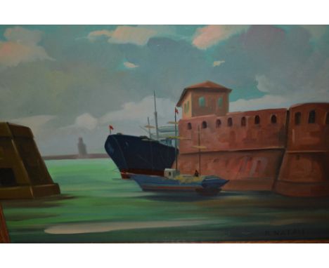 R. Natali, oil on board, harbour scene at Livorno, in an oak frame, signed, 13ins x 19ins