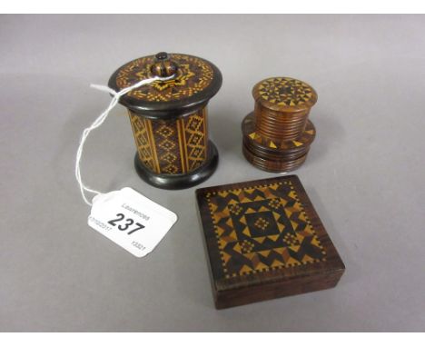 19th Century Tunbridge ware octagonal trinket box with a circular screw on lid, together with a Tunbridge ware two tier cylin