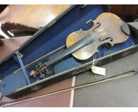19th Century violin, labelled ' Copy of Stradivarius ', with a bow in a fitted case (a/f)