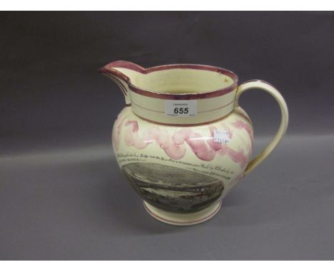 Large 19th Century Sunderland lustre jug decorated with view of the Iron Bridge and portrait of a gun ship, Northumberland '7