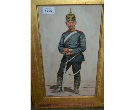 Late 19th Century gilt framed watercolour, portrait of a Prussian soldier, 14.5ins x 8ins