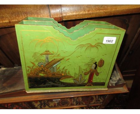 Green chinoiserie lacquer magazine stand and a small carved stool with tapestry top