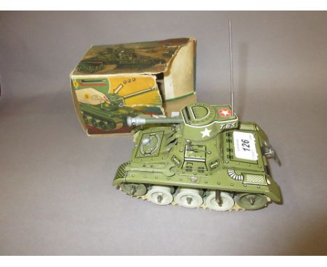 German tin plate clockwork model of a tank, Gama, with a fragment of original box