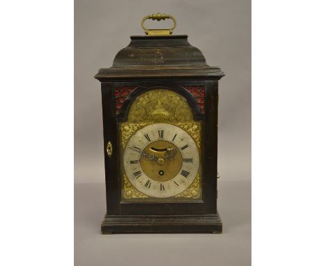 18th Century ebonised fruitwood bracket clock, the engraved brass dial with a silvered chapter ring, Arabic and Roman numeral