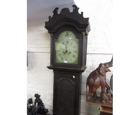 George III oak longcase clock, the broken arch hood with shaped pediment above an arched panelled door and conforming plinth 