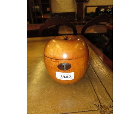 George III fruitwood tea caddy in the form of an apple, the hinged cover enclosing traces of original lining paper, 4.25ins h