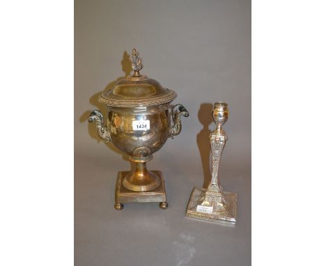 19th Century plate on copper Samovar together with a similar candlestick