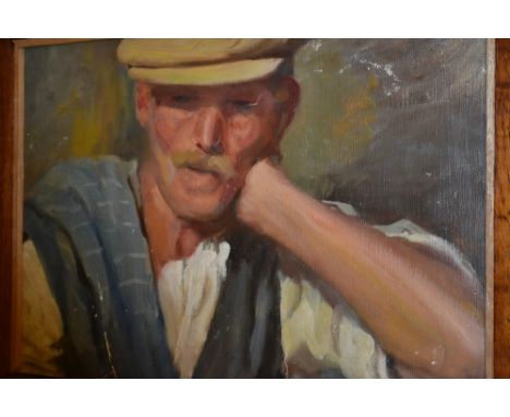 Early 20th Century oil on canvas, portrait of a man wearing a cloth cap, unsigned, 11ins x 16ins, oak framed