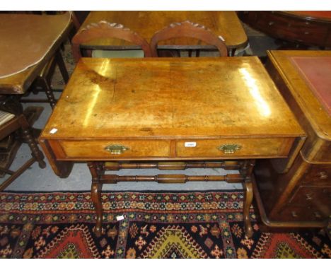 Early 20th Century burr walnut drop-leaf sofa table having two short drawers with brass handles, raised on turned column end 