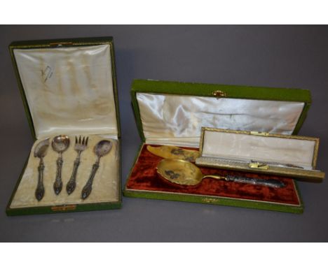 Three French silver handled serving sets in original boxes, various plated cased sets and a small quantity of loose flatware