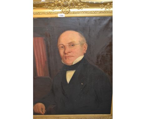 Large 19th Century oil on canvas, head and shoulder portrait of a bespectacled gentleman, gilt framed