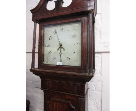 19th Century oak longcase clock having broken arch hood above a square plain white painted dial with Arabic numerals and date