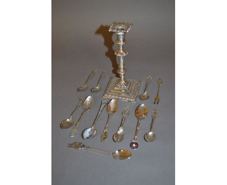 London silver baluster form candlestick in 18th Century style together with a quantity of commemorative and souvenir spoons