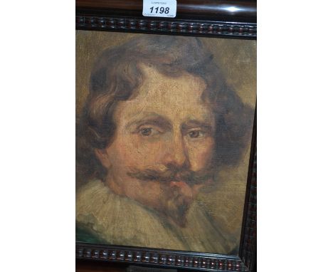 19th Century oil on canvas, head and shoulder portrait of a gentleman with white collar, housed in a Dutch style ripple frame
